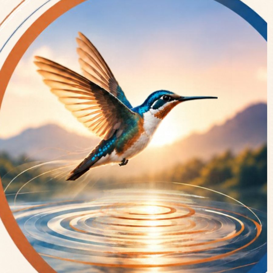 Colibri en vol au-dessus d'un lac, devant des montagnes au coucher du soleil.